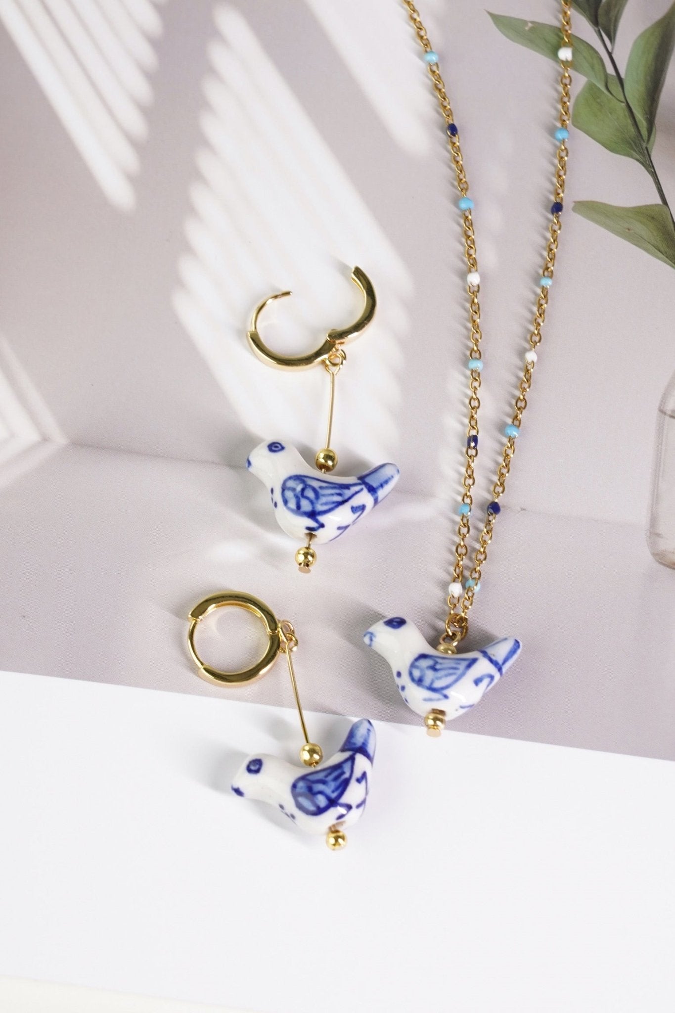 Bird - Shaped Porcelain Studs – Handmade Earrings Art (Delft Blue) - EenPorcelain