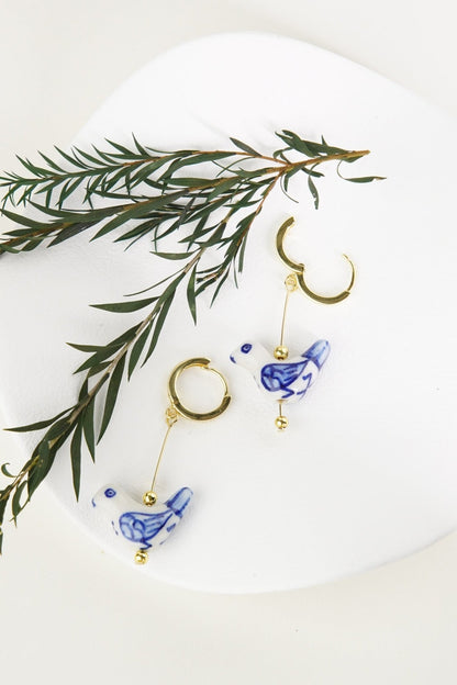 Bird - Shaped Porcelain Studs – Handmade Earrings Art (Delft Blue) - EenPorcelain