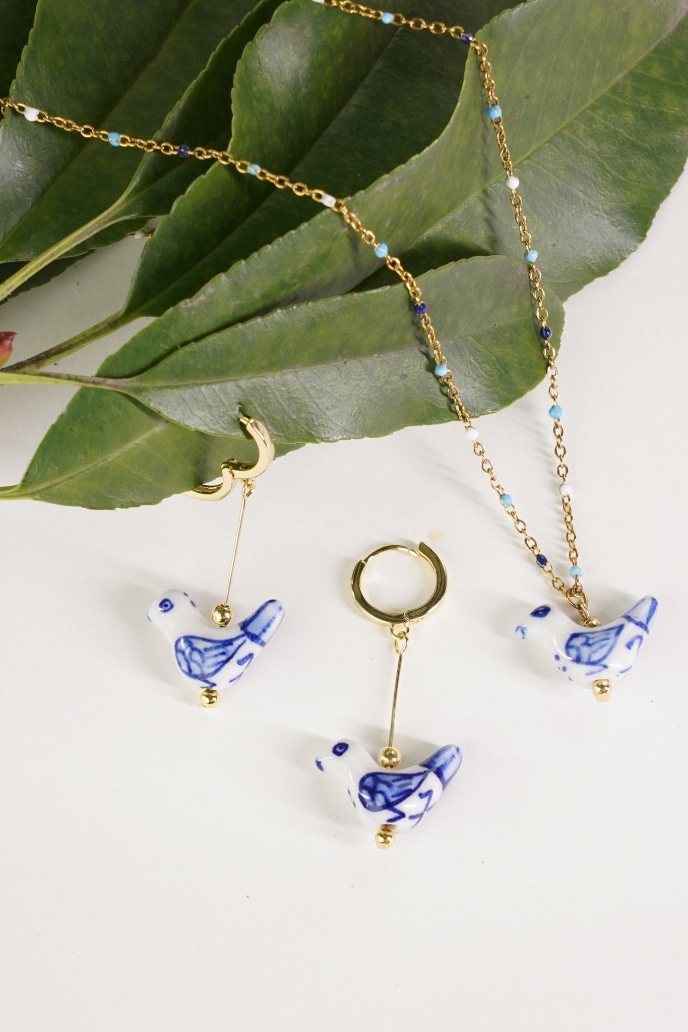 Bird - Shaped Porcelain Studs – Handmade Earrings Art (Delft Blue) - EenPorcelain