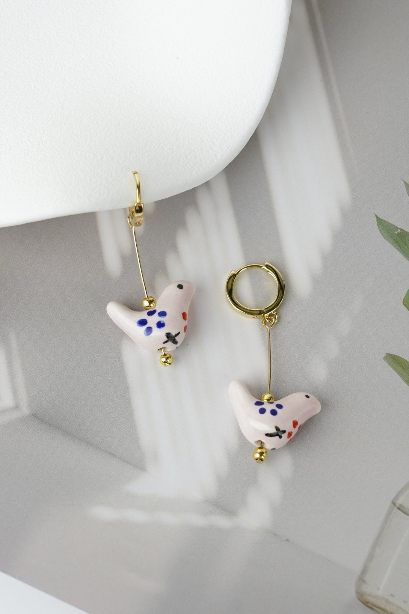 Bird - Shaped Porcelain Studs – Handmade Earrings Art (Light Rose) - EenPorcelain