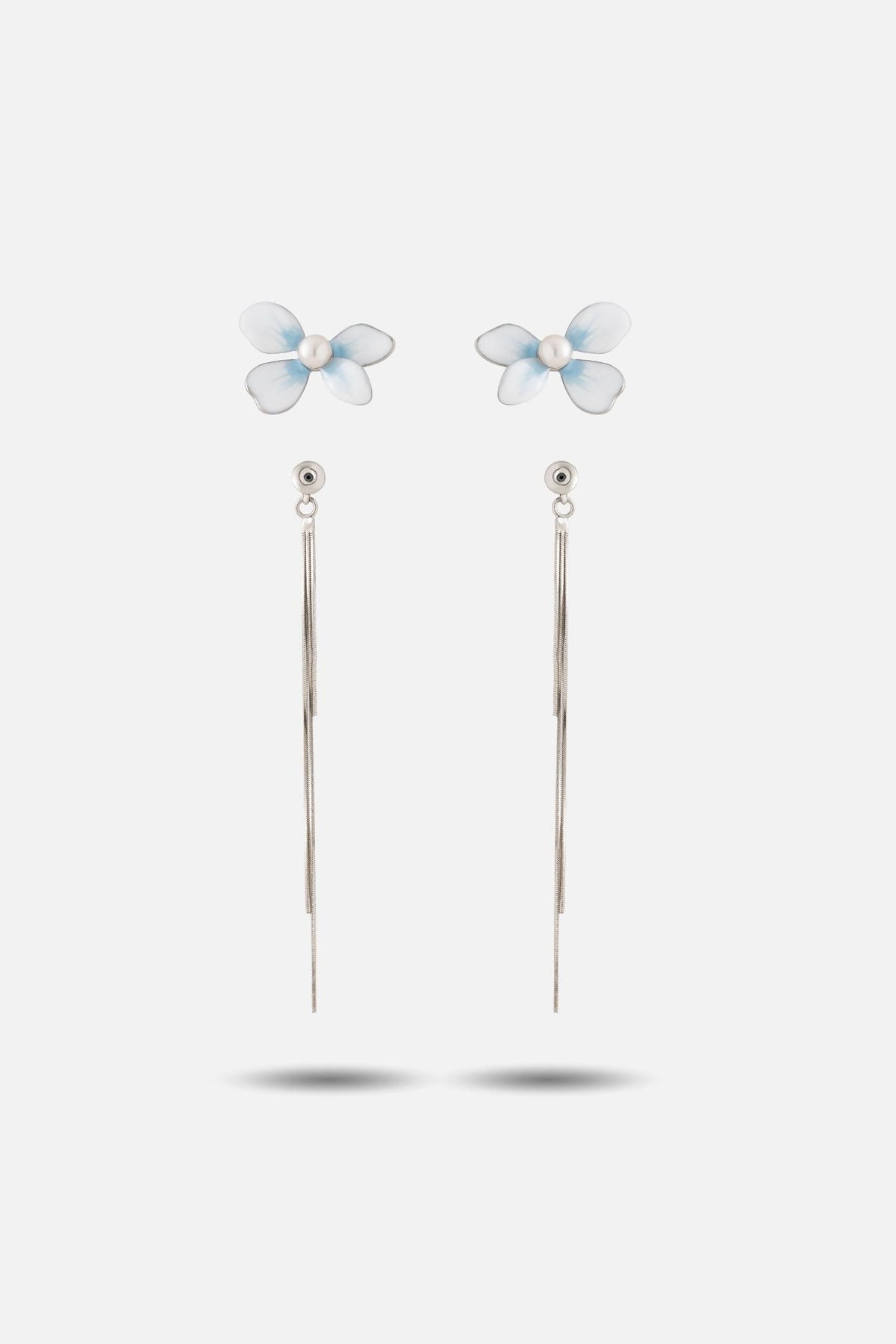 Bloom Earrings — Detachable Silver Tassels - EenPorcelain-Enamel Painted Jewelry
