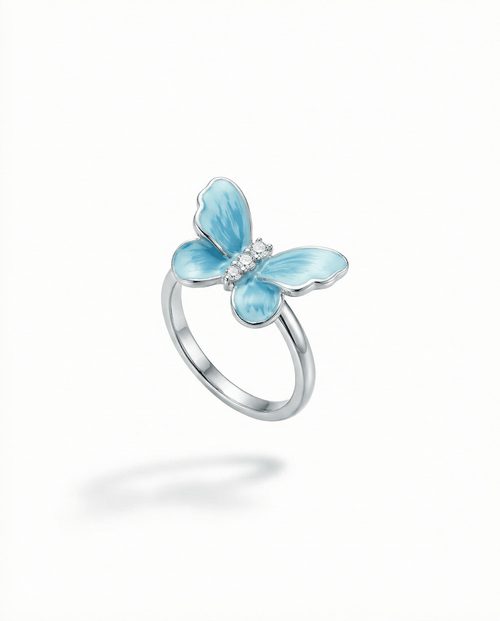 Butterfly Ring – Enamel Painting with Blue Accent - EenPorcelain