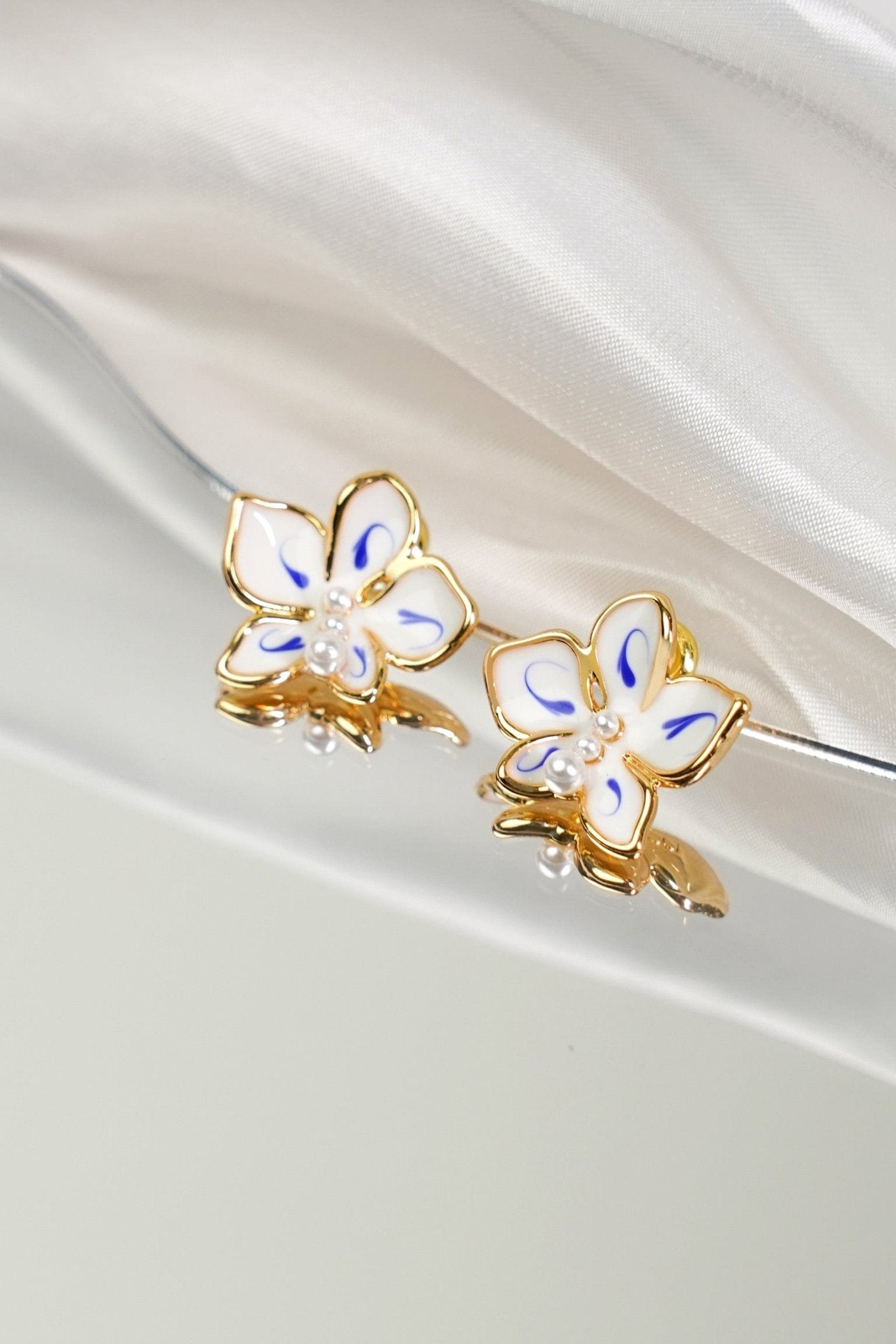 Celestial Bloom Studs – Enamel & Pearl Earrings - EenPorcelain