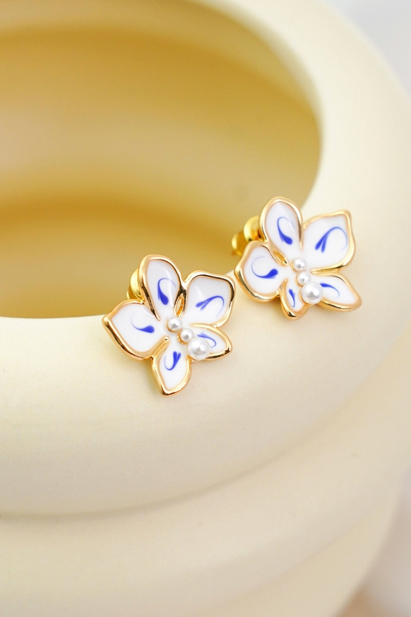 Celestial Bloom Studs – Enamel & Pearl Earrings - EenPorcelain