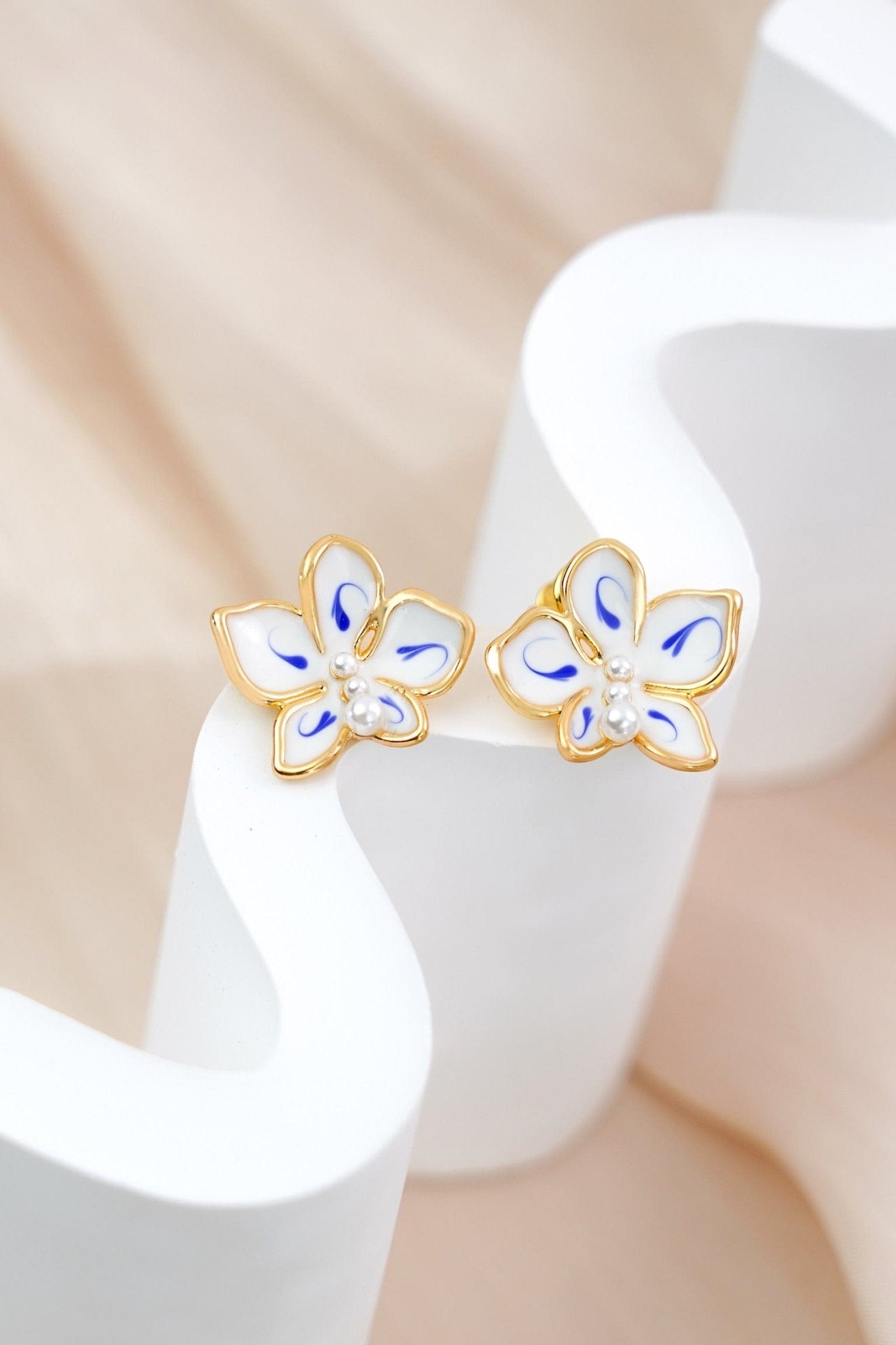 Celestial Bloom Studs – Enamel & Pearl Earrings - EenPorcelain
