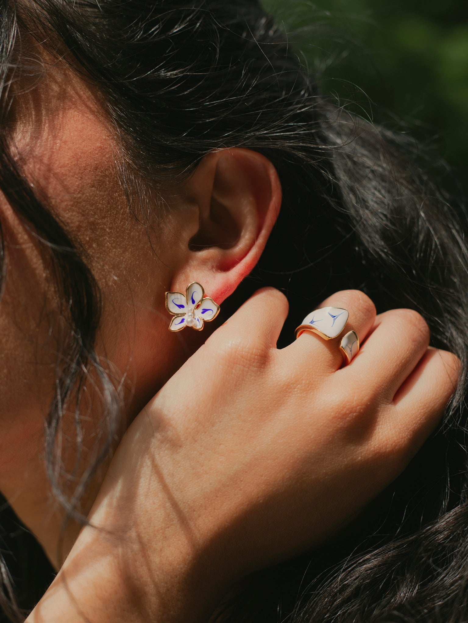 Celestial Bloom Studs – Enamel & Pearl Earrings - EenPorcelain