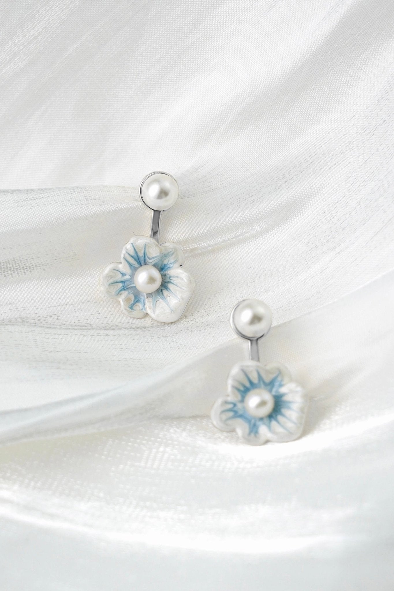 Double Bloom Earrings – Enamel Flowers with Freshwater Pearls - EenPorcelain