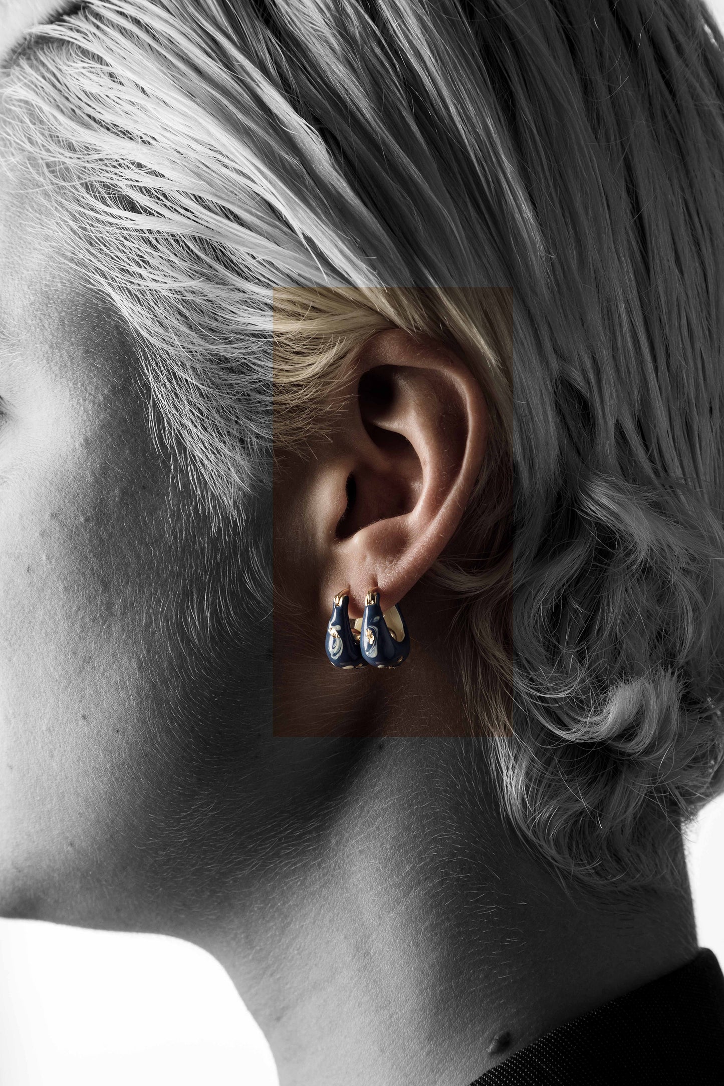 Blue Ceramic Glazed Metal Earrings with Hand-painted White Flowers