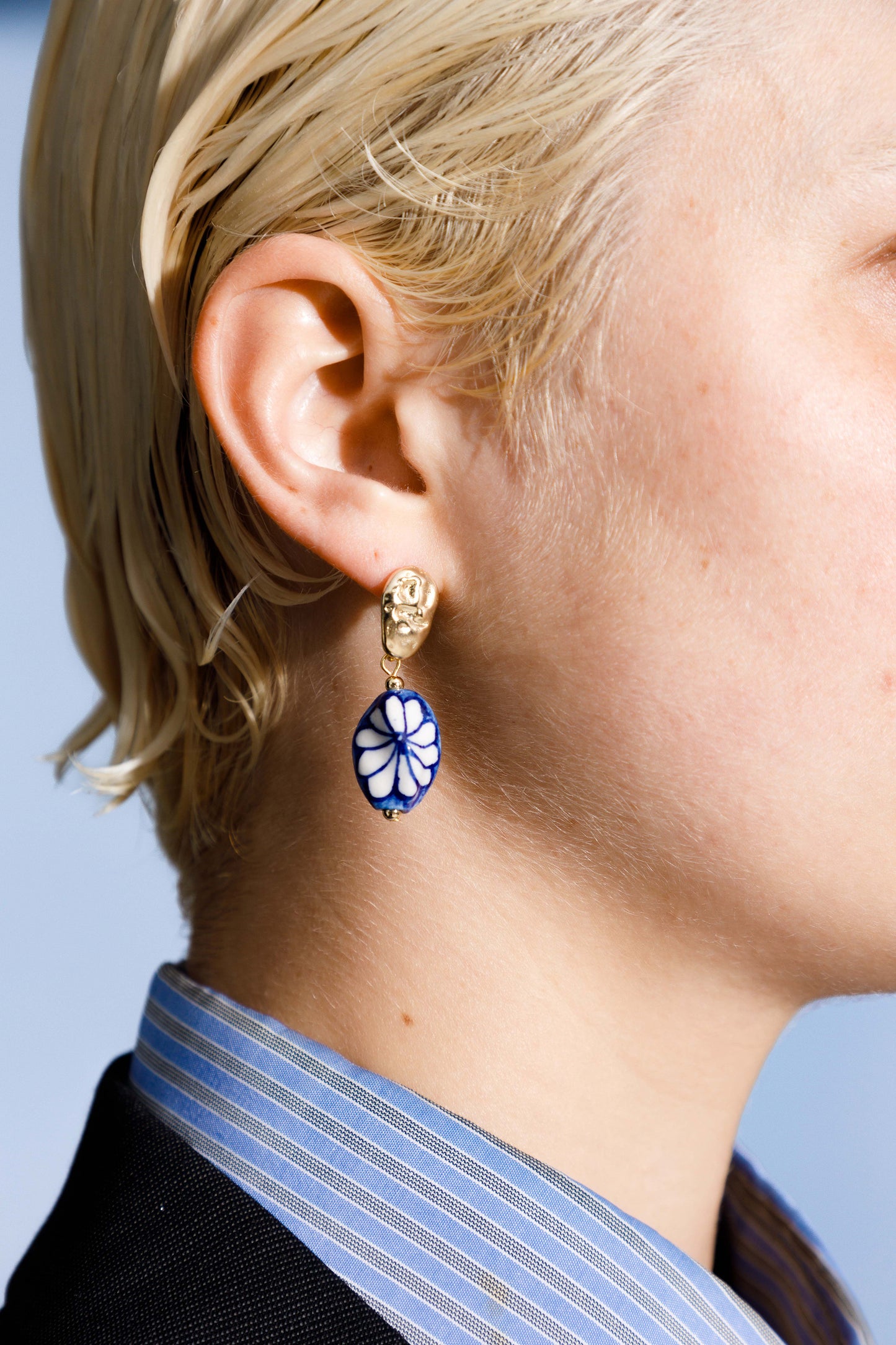 Blue Twisted Flower on Porcelain Earring -  Inspired by Antoni Gaudí