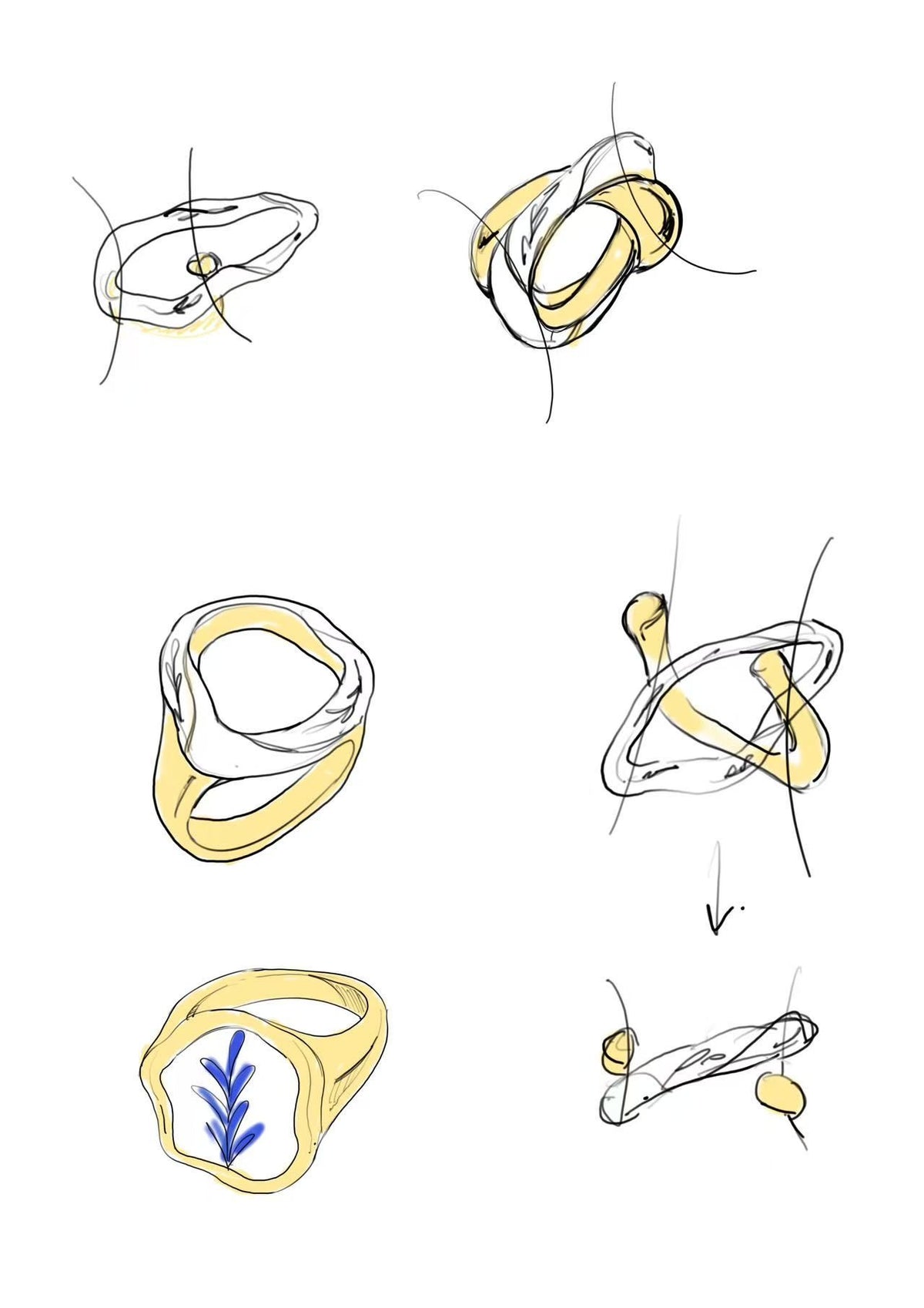 Illustrations of various gold rings on a white background