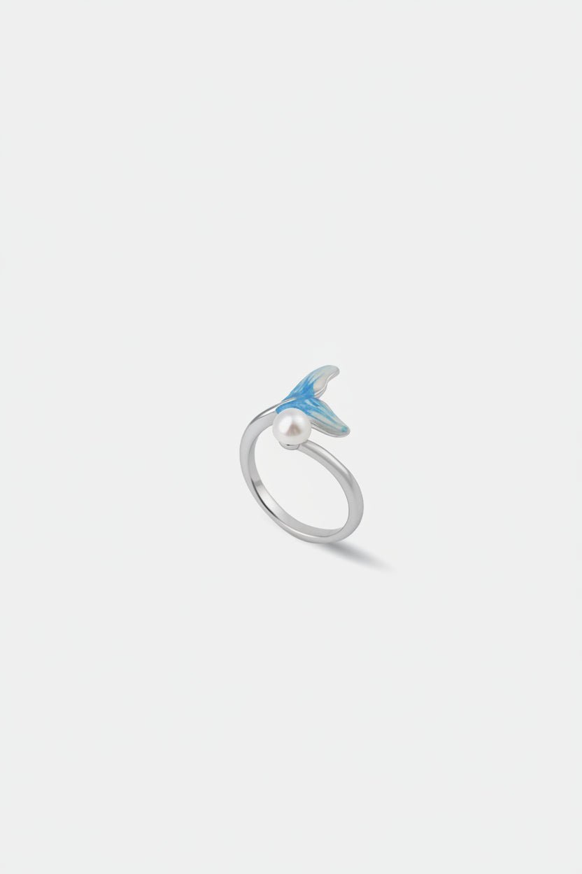 Flora Enamel Mermaid Tail Ring — Pearl & Adjustable Band - EenPorcelain
