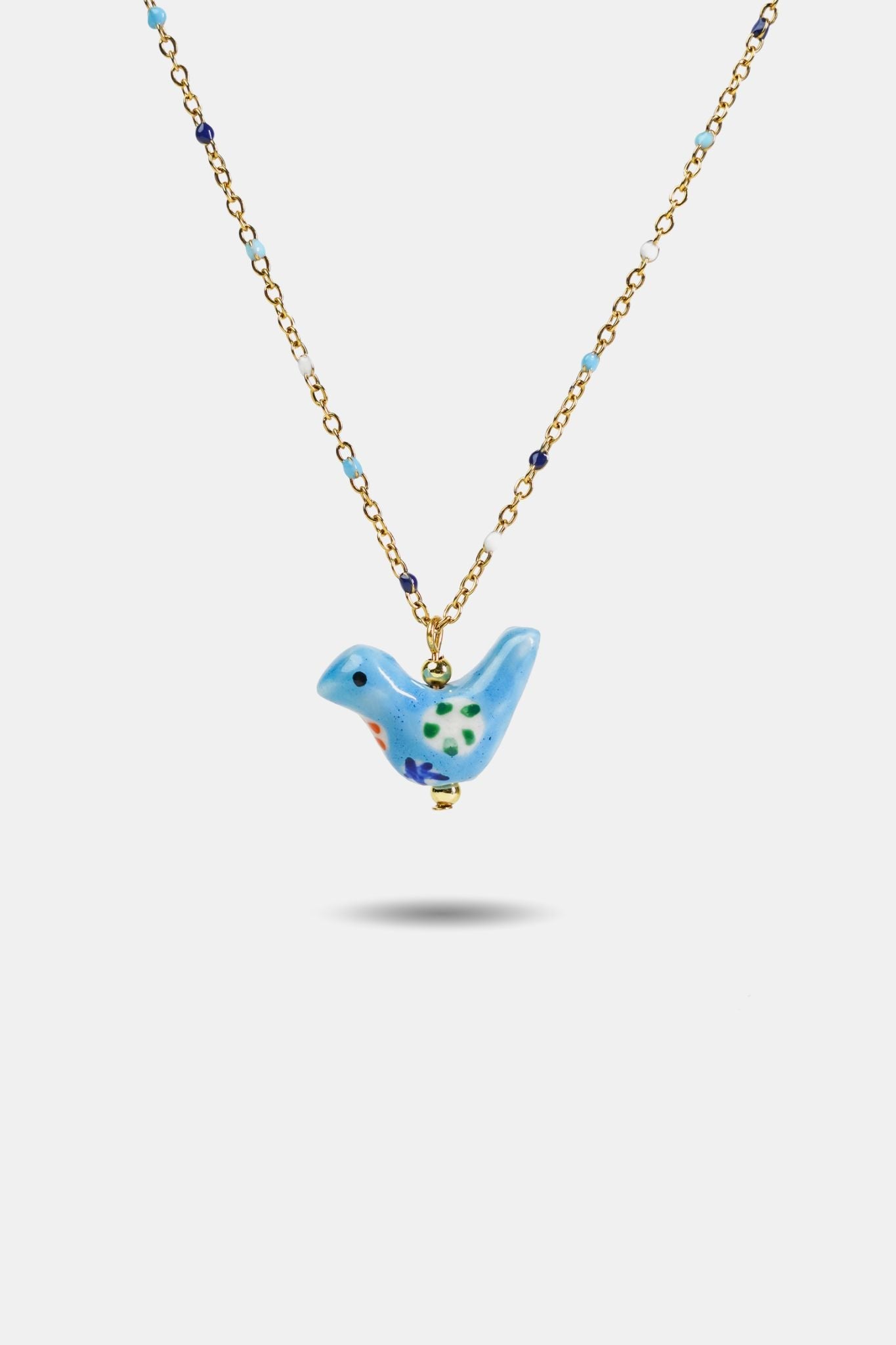 Handpainted Porcelain Bird Enamel Necklace — Blue - EenPorcelain