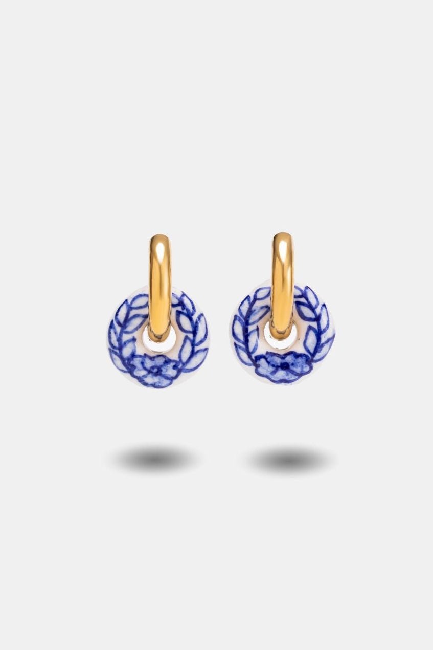 Handpainted Porcelain Loop Earrings — Dual - Tone Metal - EenPorcelain