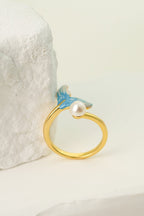Mermaid Tail Ring – Enamel & Pearl Adjustable Gold Band - EenPorcelain