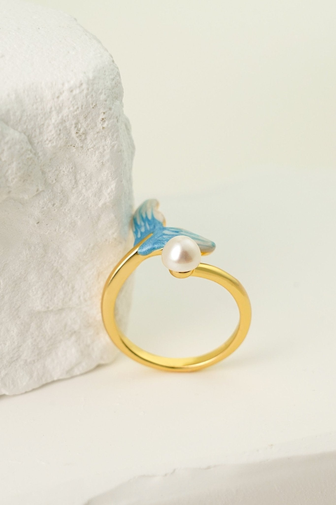Mermaid Tail Ring – Enamel & Pearl Adjustable Gold Band - EenPorcelain