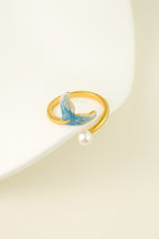 Mermaid Tail Ring – Enamel & Pearl Adjustable Gold Band - EenPorcelain