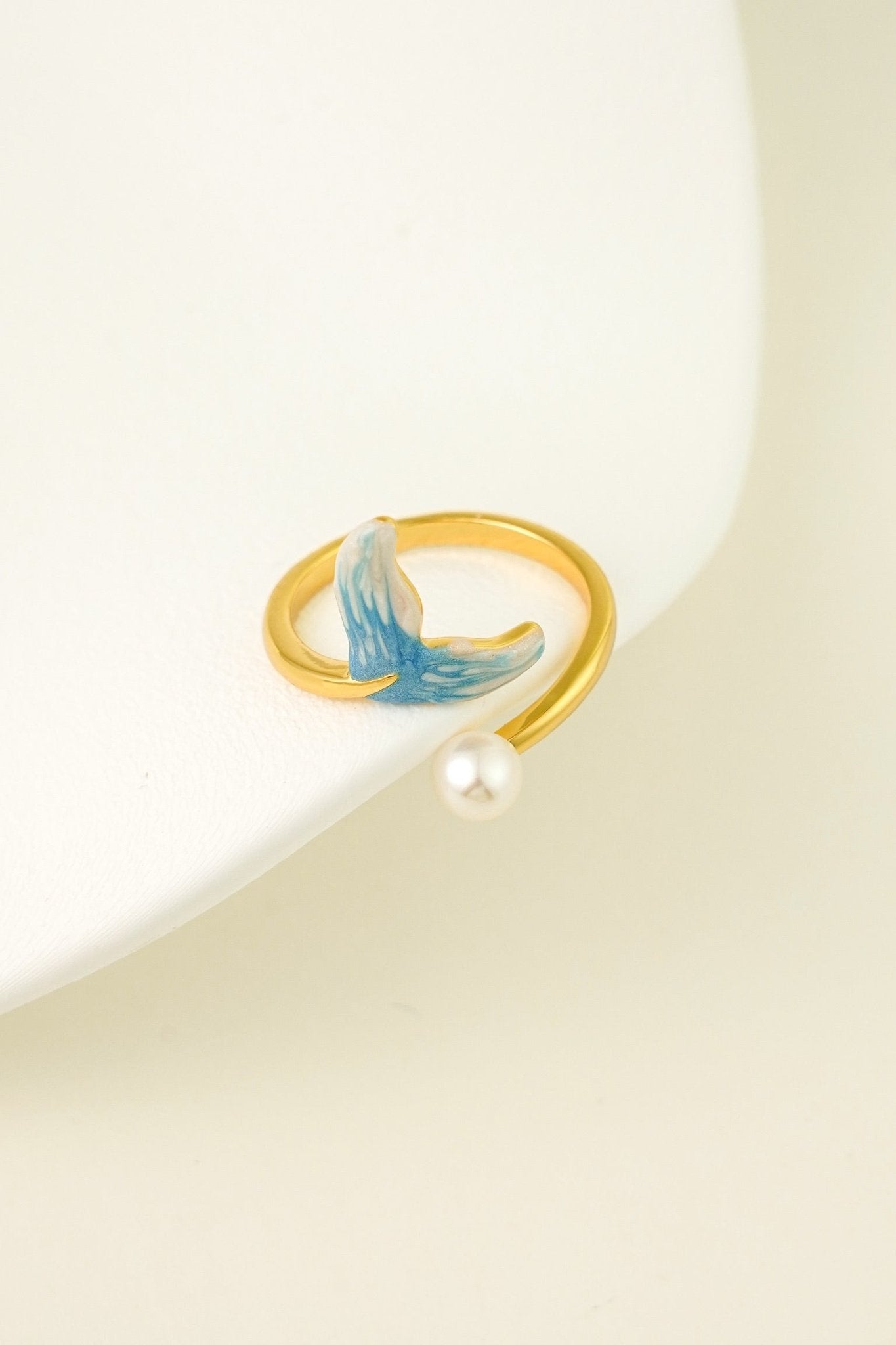 Mermaid Tail Ring – Enamel & Pearl Adjustable Gold Band - EenPorcelain