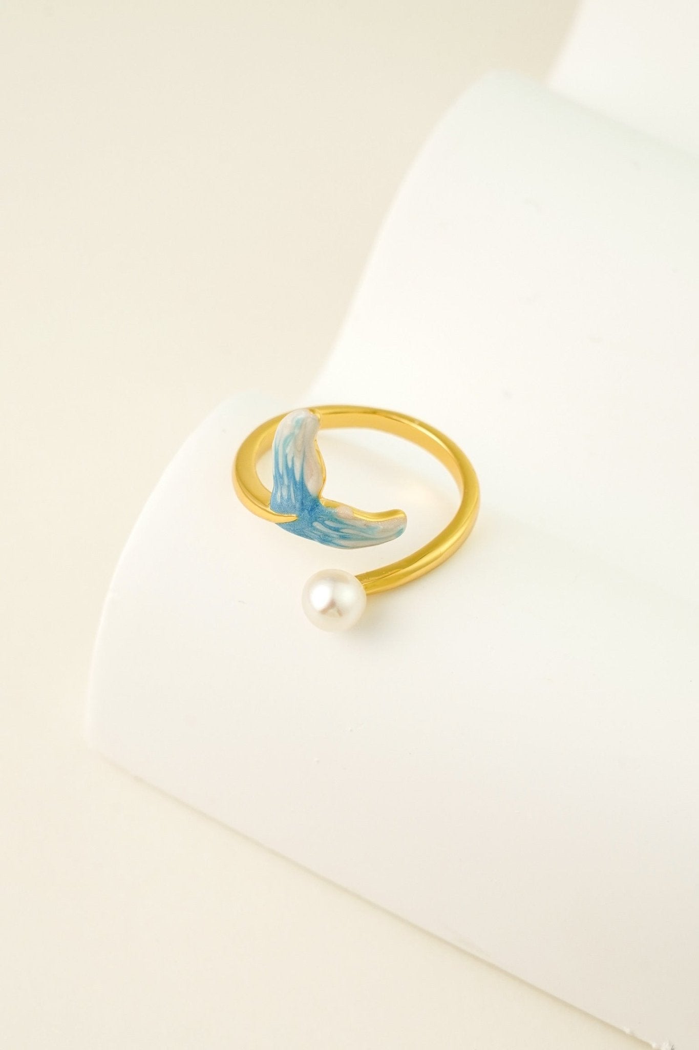 Mermaid Tail Ring – Enamel & Pearl Adjustable Gold Band - EenPorcelain