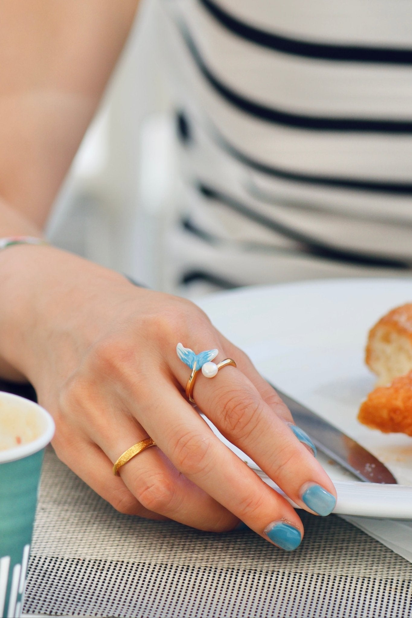 Mermaid Tail Ring – Enamel & Pearl Adjustable Gold Band - EenPorcelain