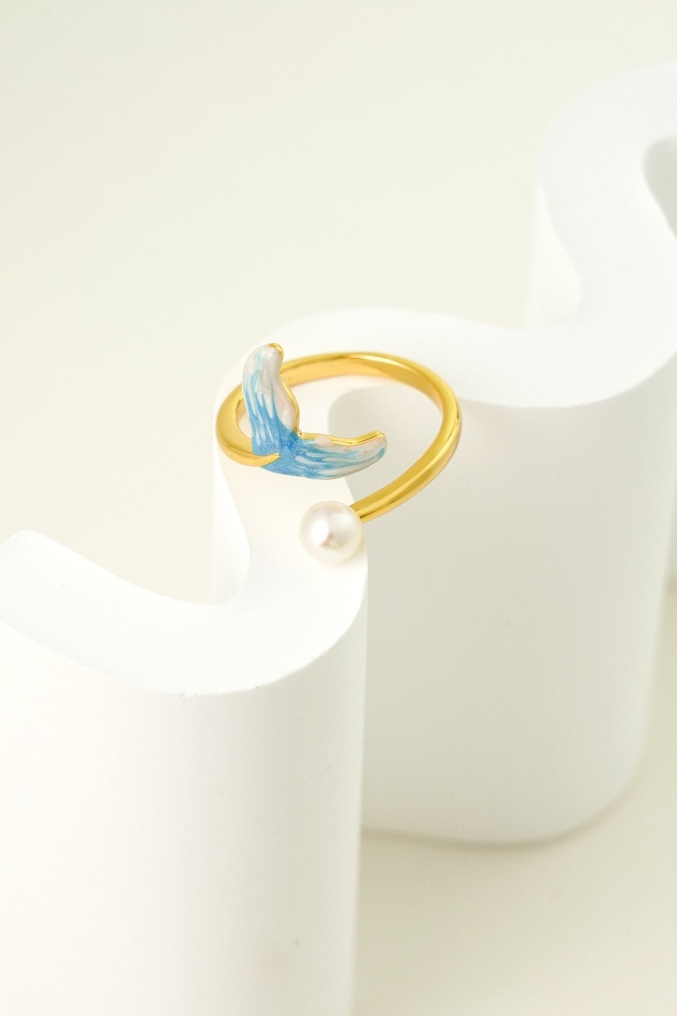 Mermaid Tail Ring – Enamel & Pearl Adjustable Gold Band - EenPorcelain