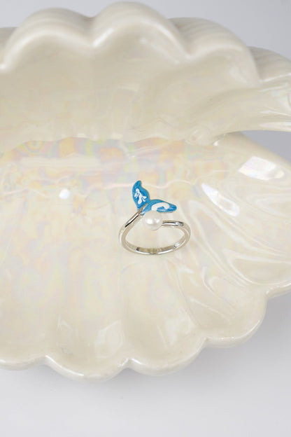 Mermaid Tail Ring – Enamel & Pearl Adjustable Ring Band - EenPorcelain