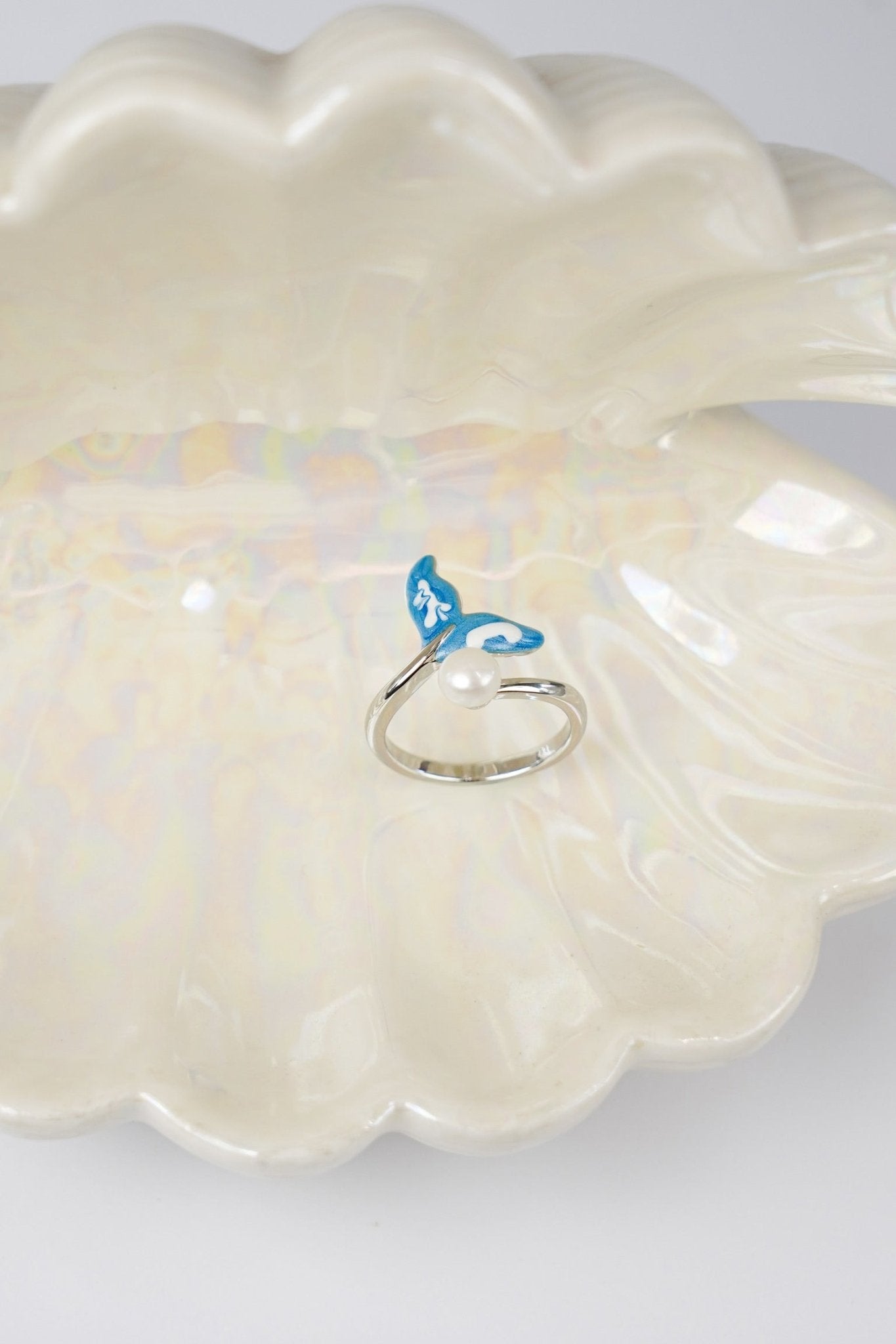 Mermaid Tail Ring – Enamel & Pearl Adjustable Ring Band - EenPorcelain