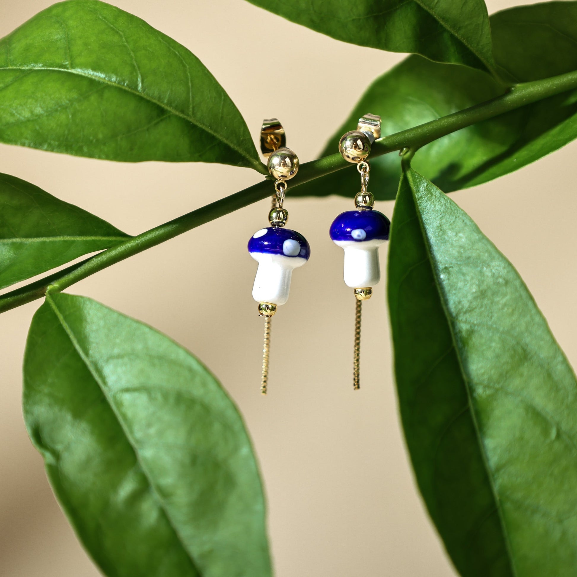 Mushroom Drop Earrings – Hand - Painted Ceramic with Mismatched Charms - EenPorcelain