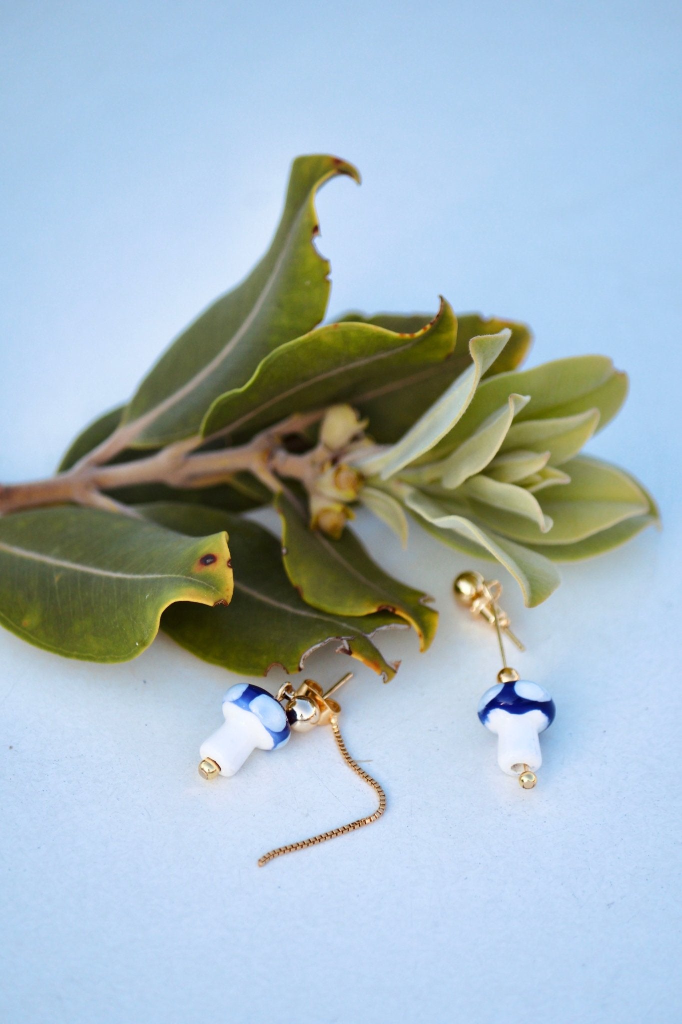 Mushroom Drop Earrings – Hand - Painted Ceramic with Mismatched Charms - EenPorcelain