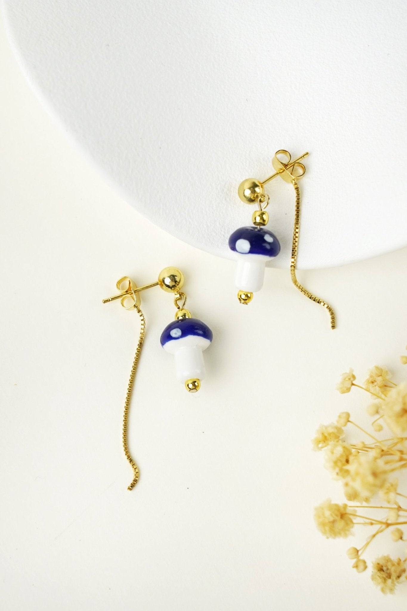 Mushroom Drop Earrings – Hand - Painted Ceramic with Mismatched Charms - EenPorcelain