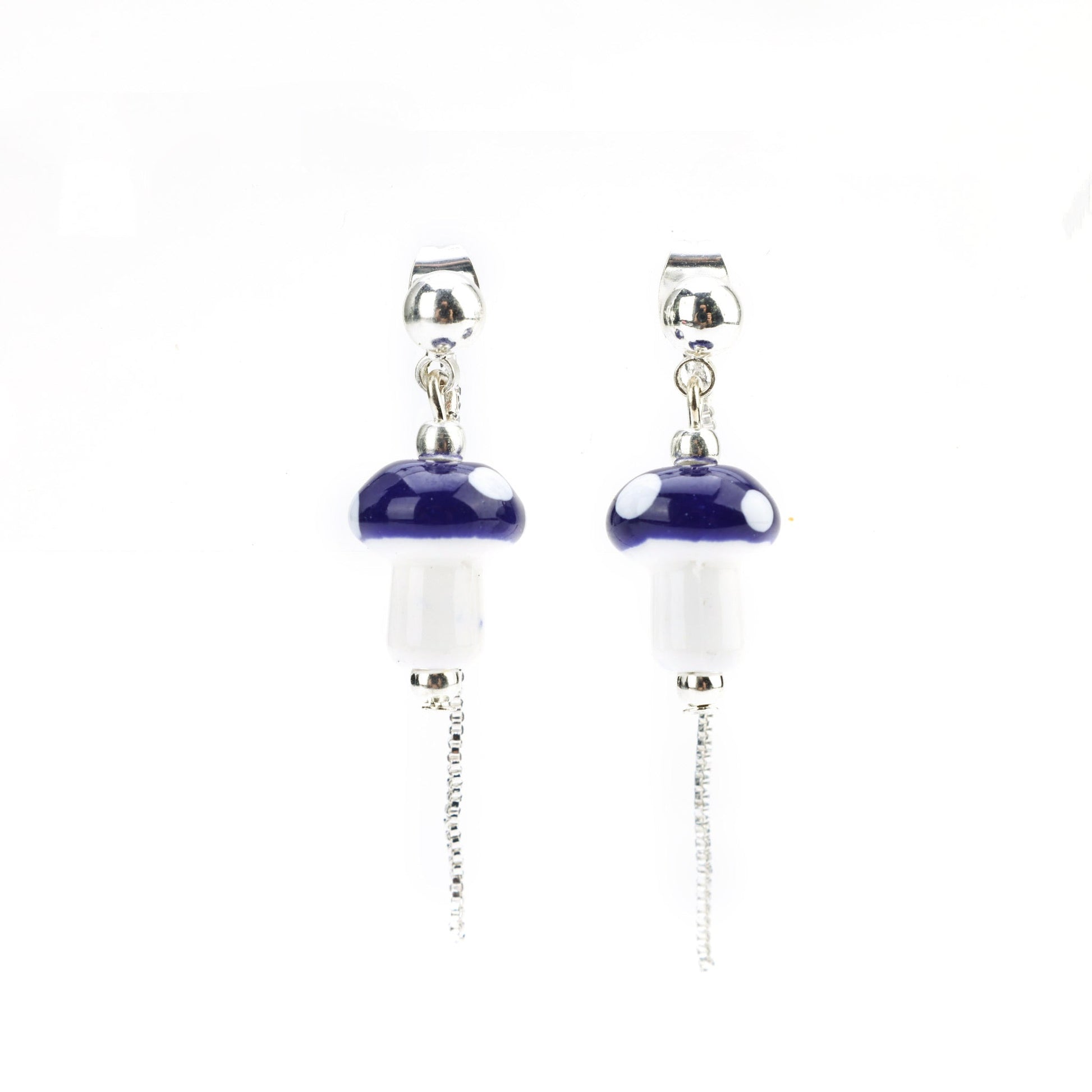 Mushroom Drop Earrings – Hand - Painted Ceramic with Mismatched Charms - EenPorcelain