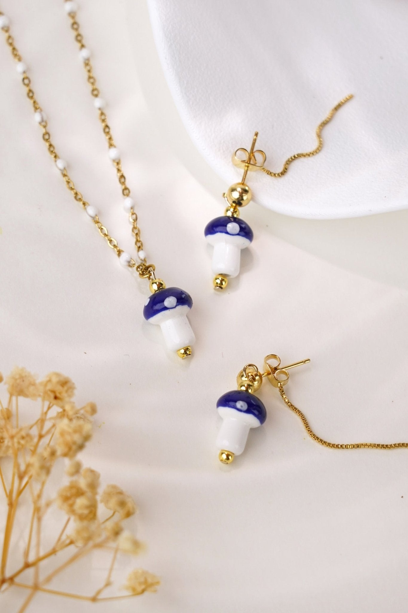 Mushroom Drop Earrings – Hand - Painted Ceramic with Mismatched Charms - EenPorcelain