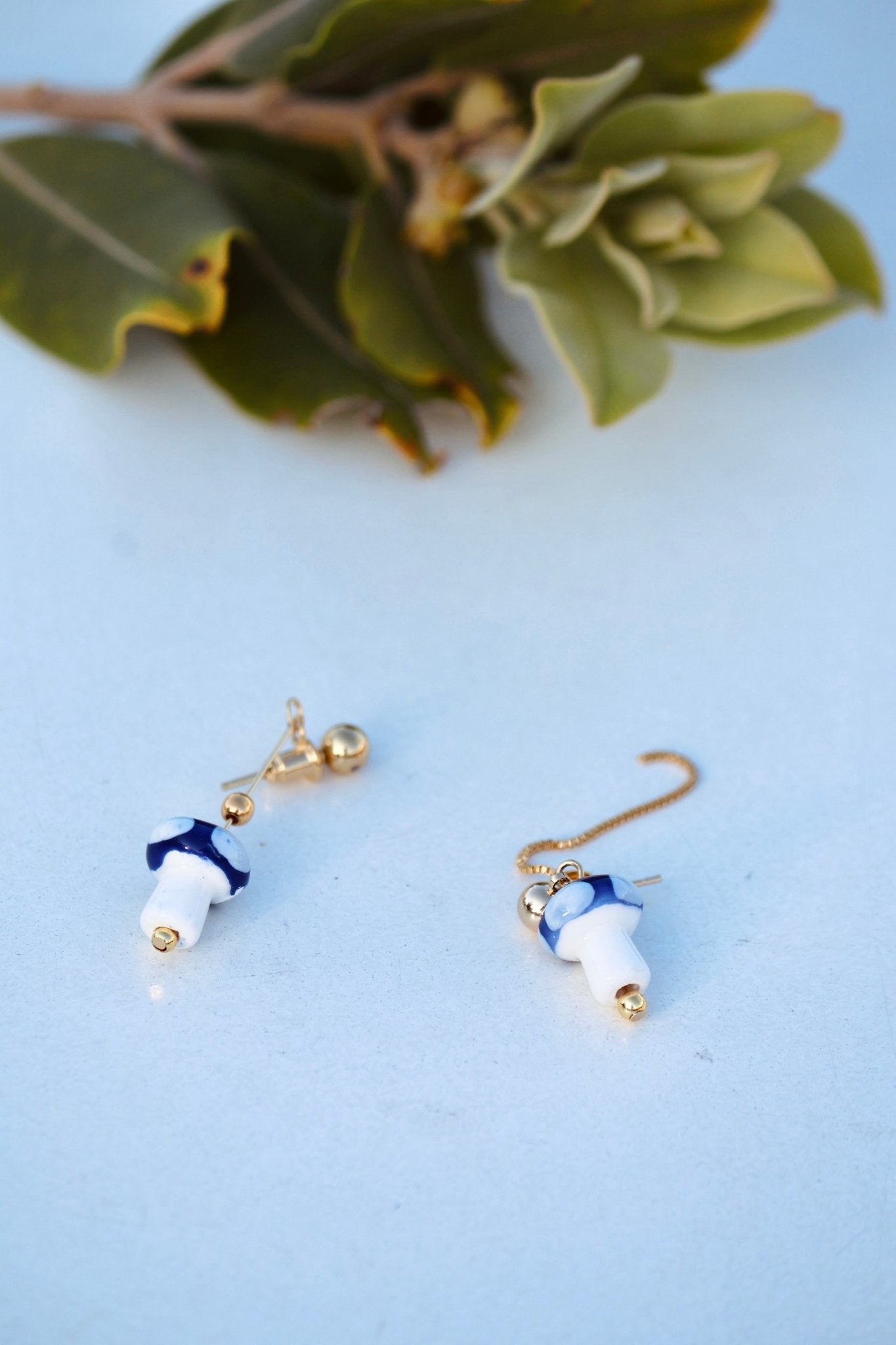 Mushroom Drop Earrings – Hand - Painted Ceramic with Mismatched Charms - EenPorcelain