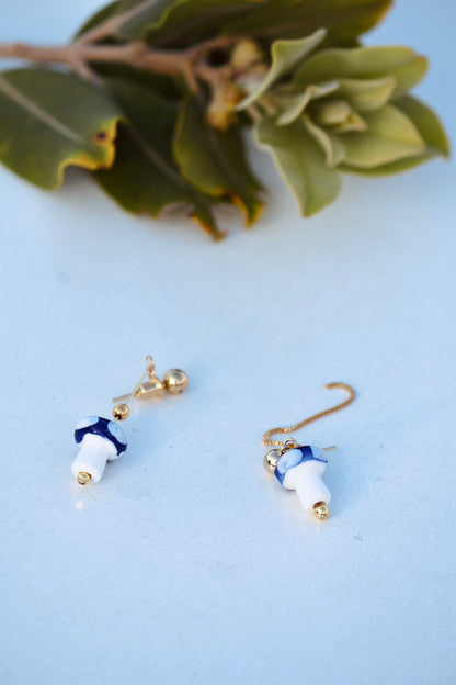 Mushroom Drop Earrings – Hand - Painted Ceramic with Mismatched Charms - EenPorcelain