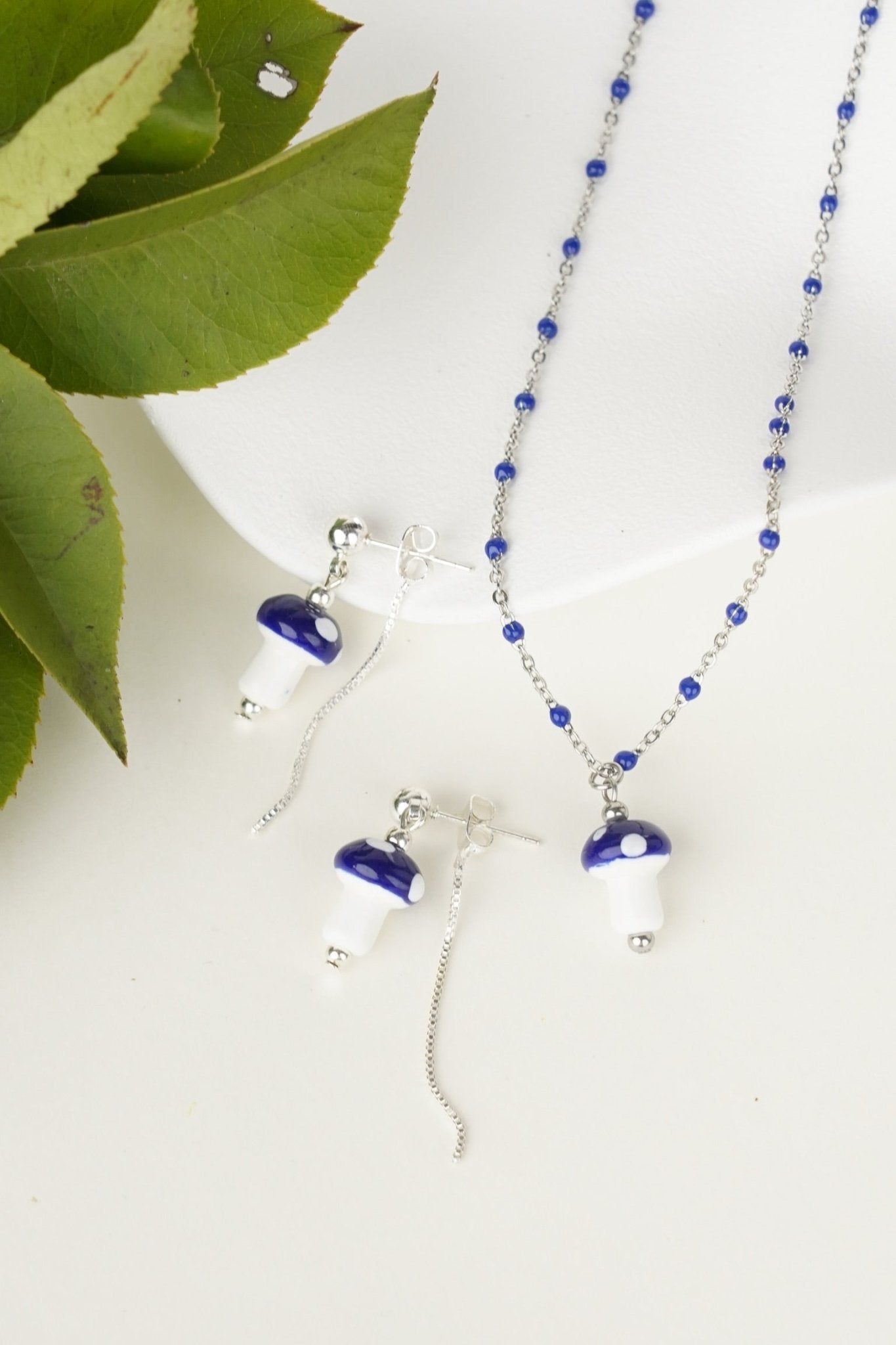 Mushroom Drop Earrings – Hand - Painted Ceramic with Mismatched Charms - EenPorcelain