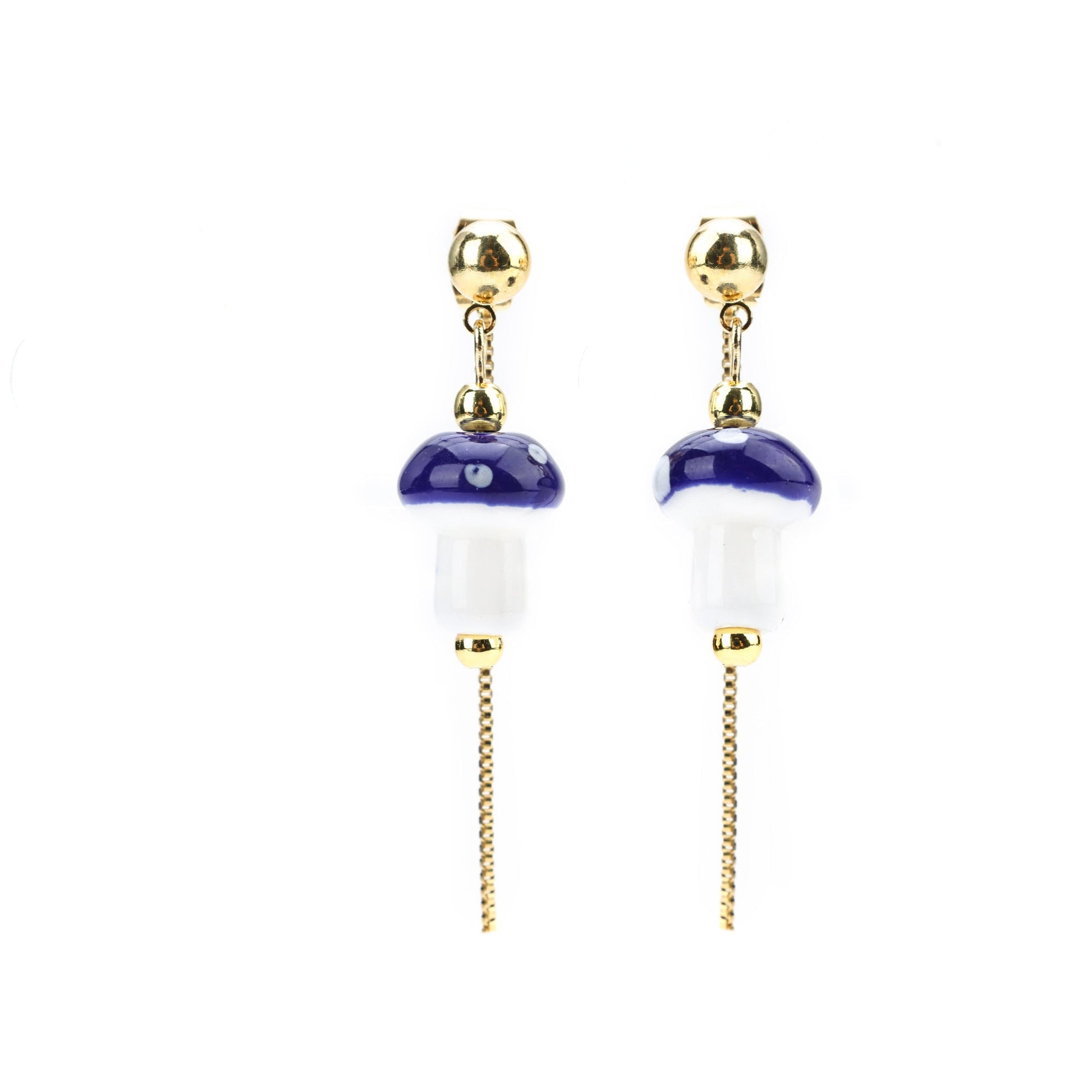 Mushroom Drop Earrings – Hand - Painted Ceramic with Mismatched Charms - EenPorcelain