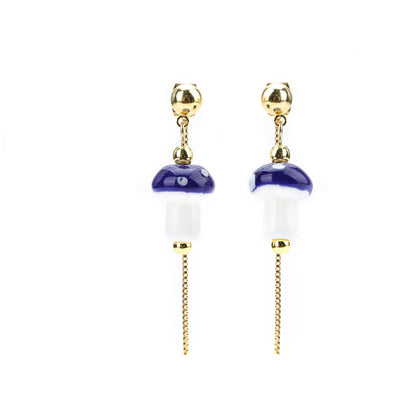 Mushroom Drop Earrings – Hand - Painted Ceramic with Mismatched Charms - EenPorcelain