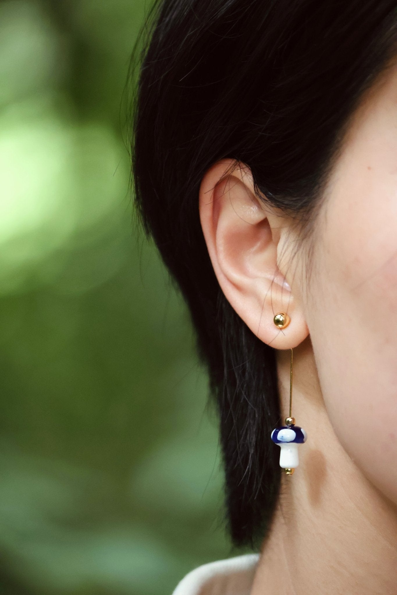 Mushroom Drop Earrings – Hand - Painted Ceramic with Mismatched Charms - EenPorcelain