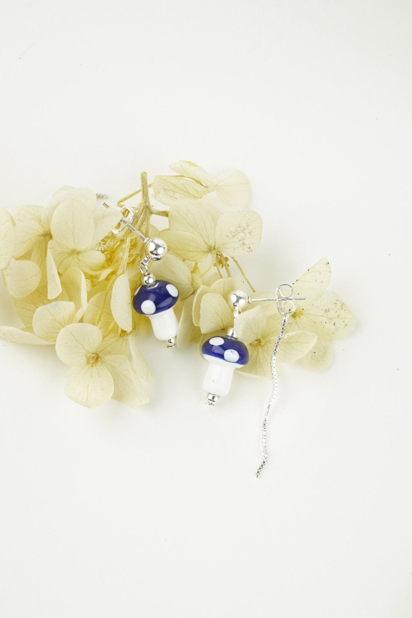 Mushroom Drop Earrings – Hand - Painted Ceramic with Mismatched Charms - EenPorcelain
