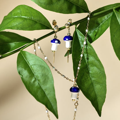 Mushroom Drop Earrings – Hand - Painted Ceramic with Mismatched Charms - EenPorcelain