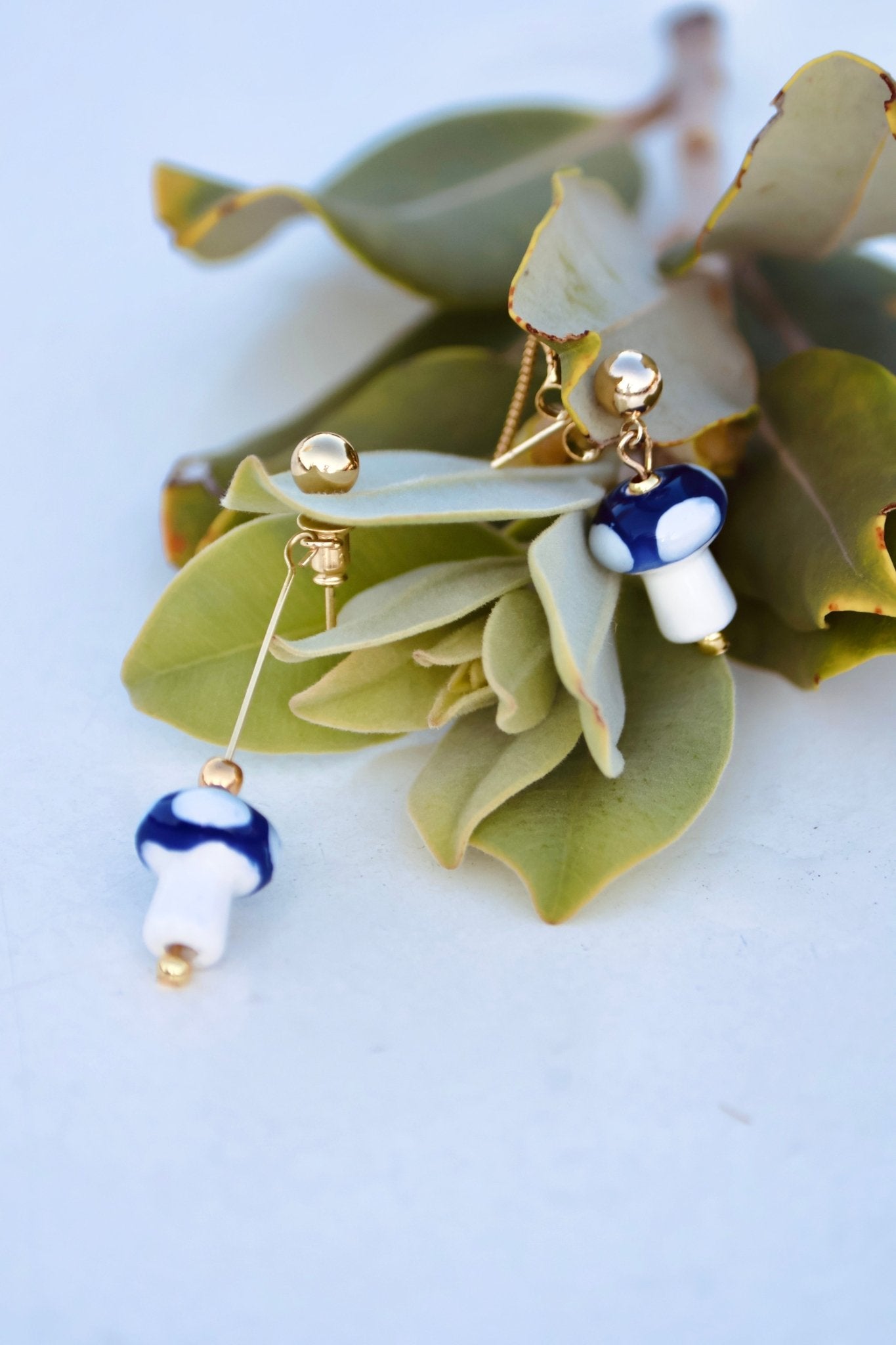 Mushroom Drop Earrings – Hand - Painted Ceramic with Mismatched Charms - EenPorcelain