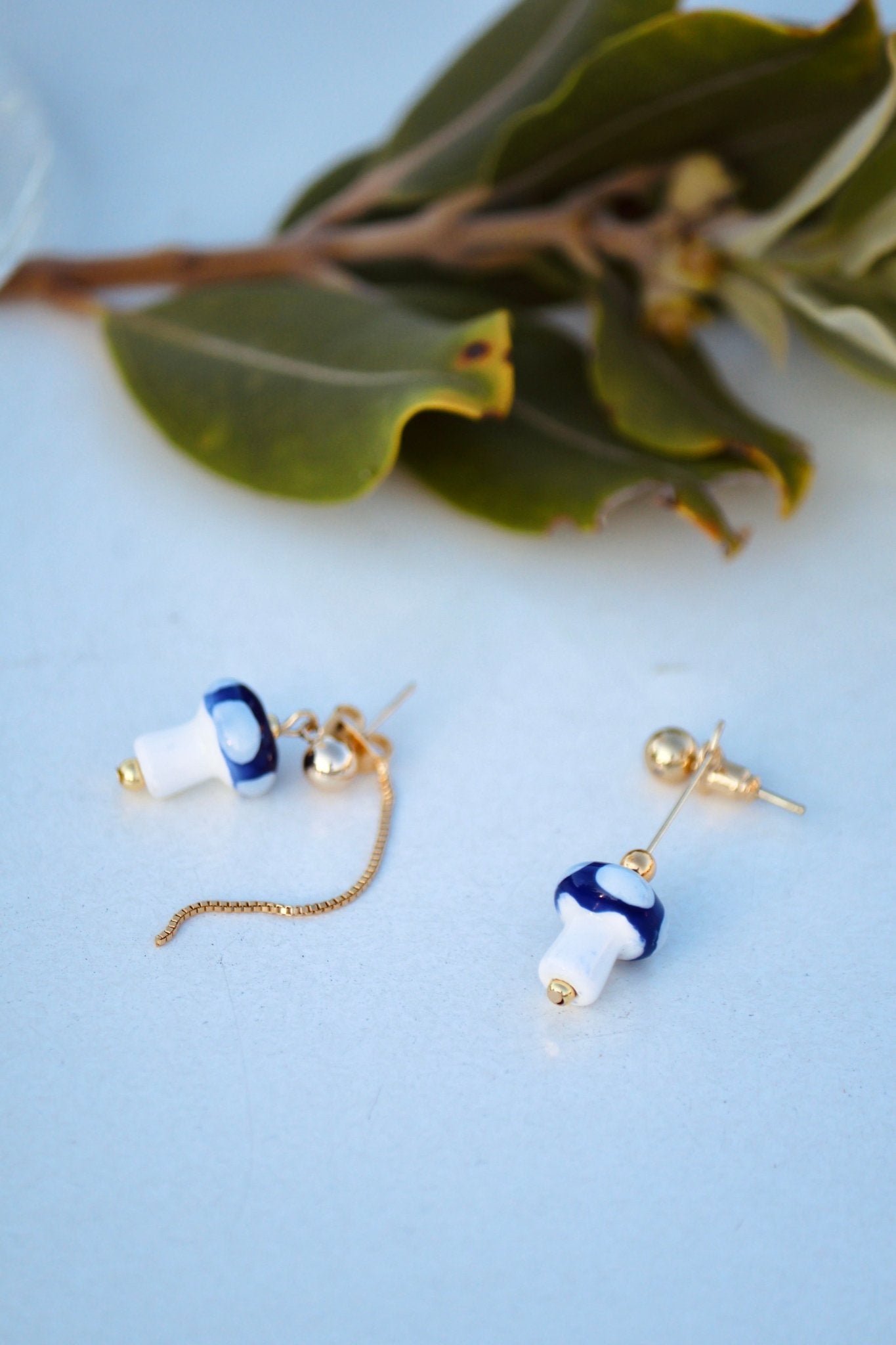 Mushroom Drop Earrings – Hand - Painted Ceramic with Mismatched Charms - EenPorcelain