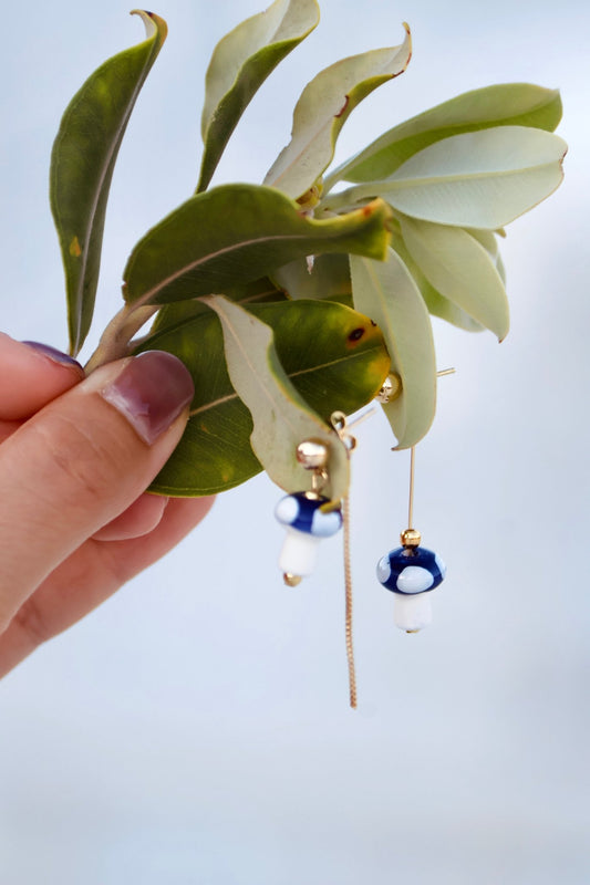 Mushroom Drop Earrings – Hand - Painted Ceramic with Mismatched Charms - EenPorcelain