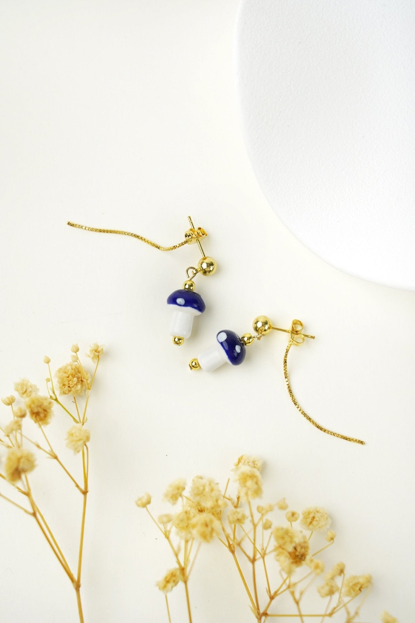 Mushroom Drop Earrings – Hand - Painted Ceramic with Mismatched Charms - EenPorcelain