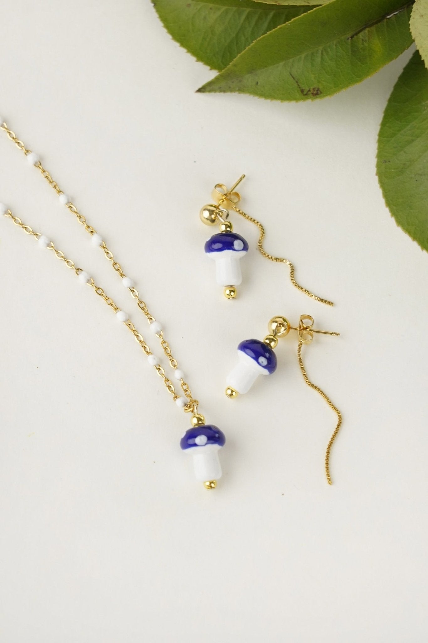 Mushroom Drop Earrings – Hand - Painted Ceramic with Mismatched Charms - EenPorcelain