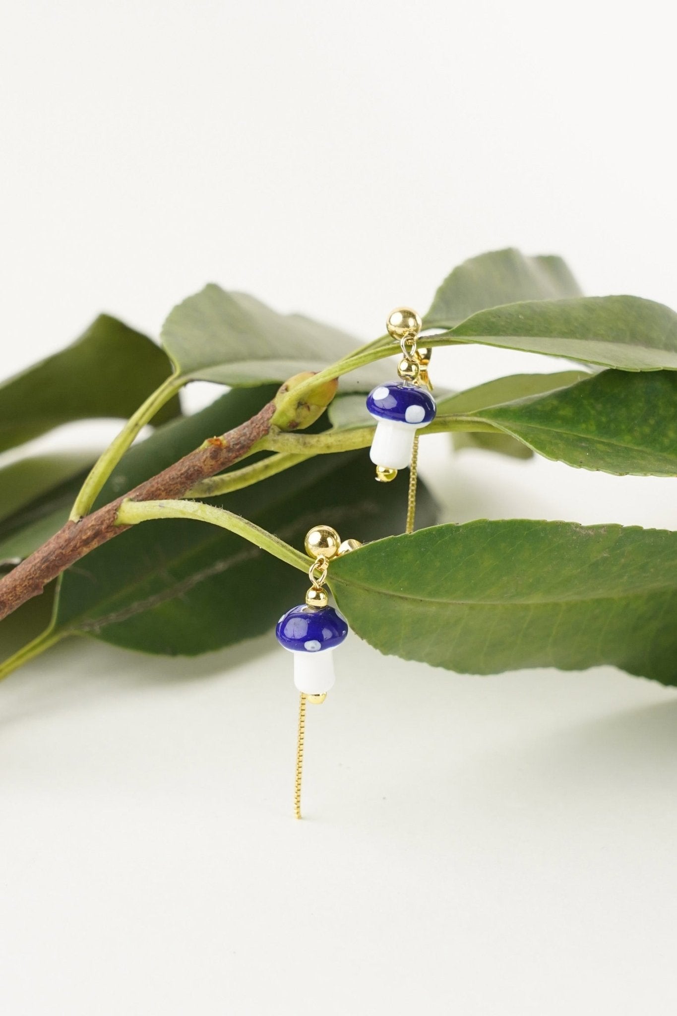 Mushroom Drop Earrings – Hand - Painted Ceramic with Mismatched Charms - EenPorcelain