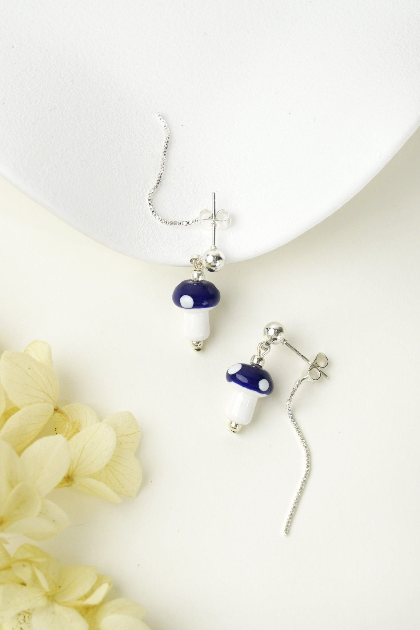 Mushroom Drop Earrings – Hand - Painted Ceramic with Mismatched Charms - EenPorcelain