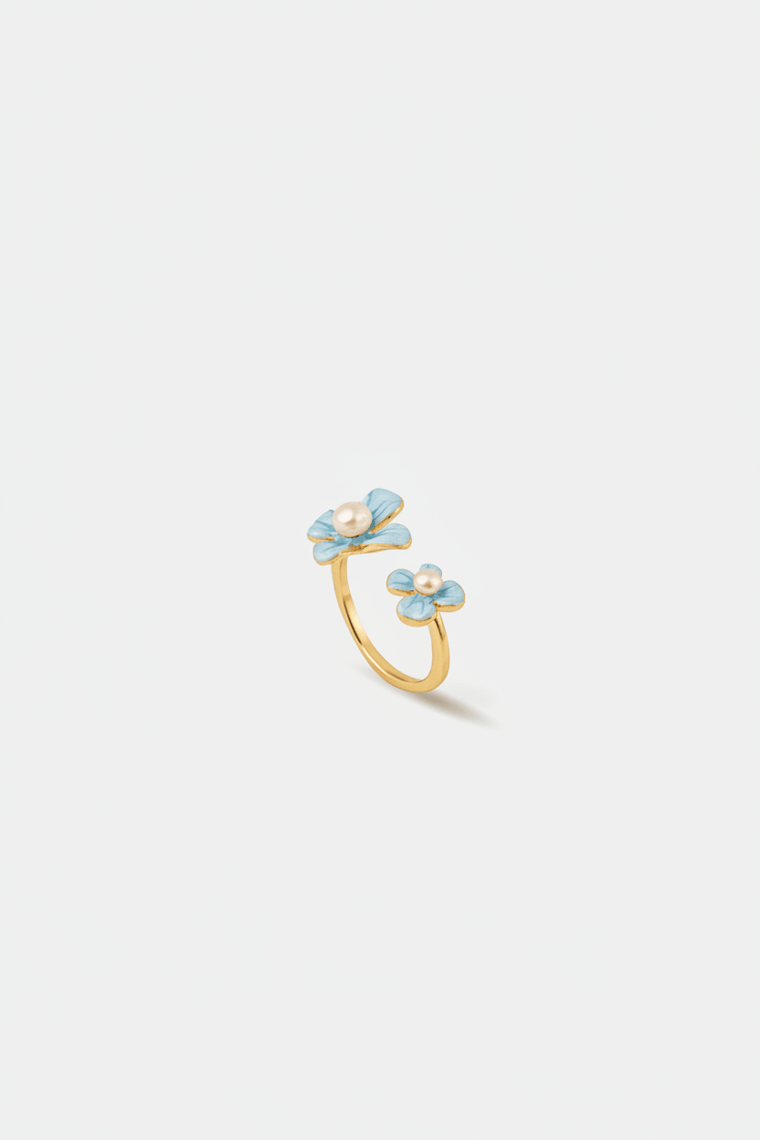 Twin Bloom Ring – Silver Enamel Flowers with Pearls - EenPorcelain