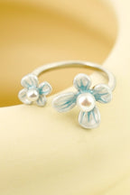 Twin Bloom Ring – Silver Enamel Flowers with Pearls - EenPorcelain