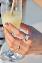 Twin Bloom Ring – Silver Enamel Flowers with Pearls - EenPorcelain