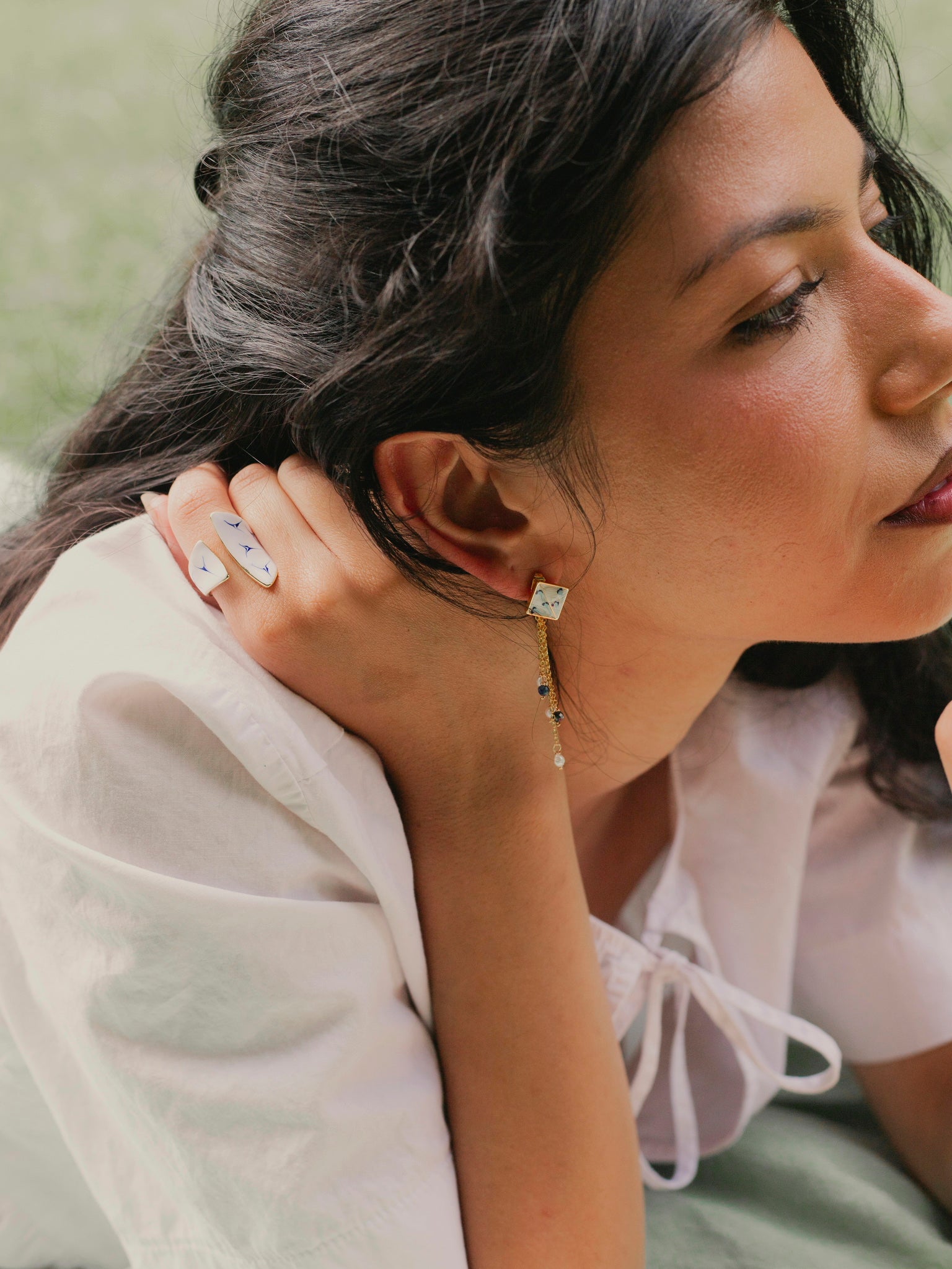 Varia Porcelain Pattern Earrings with Drop – Detachable Lapis & Pearl - EenPorcelain